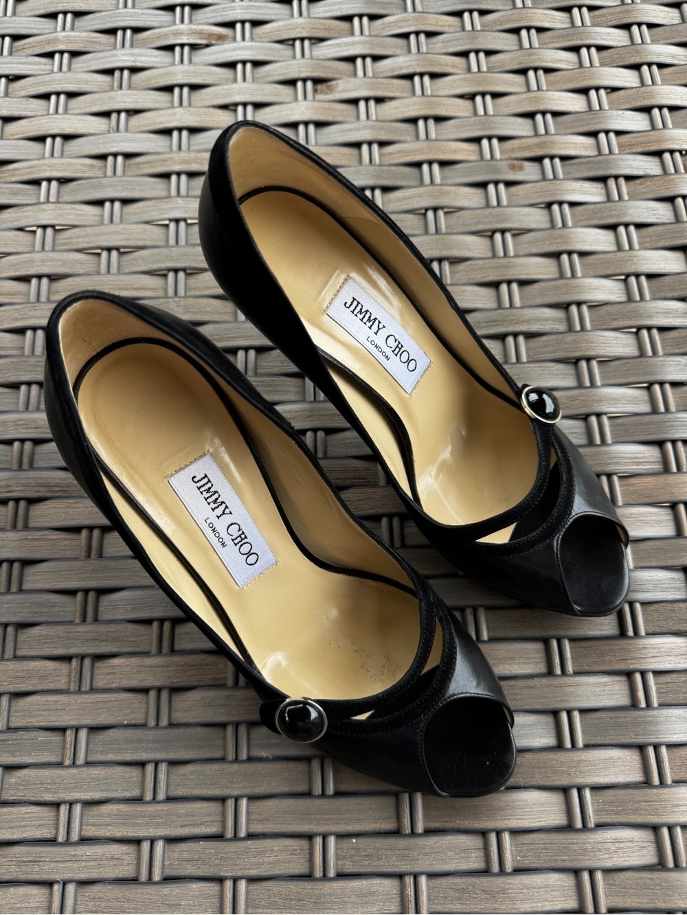 Vintage Jimmy Choo Black Leather Peep Toe Mary Jane Heels Pumps Size 36,5 - Picture 3 of 15